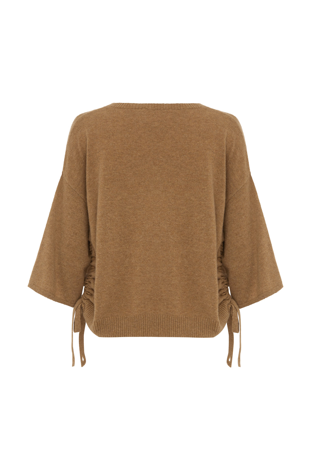 Front product shot Agnes biscuit pure cashmere tee adjustable side tie luxury knit