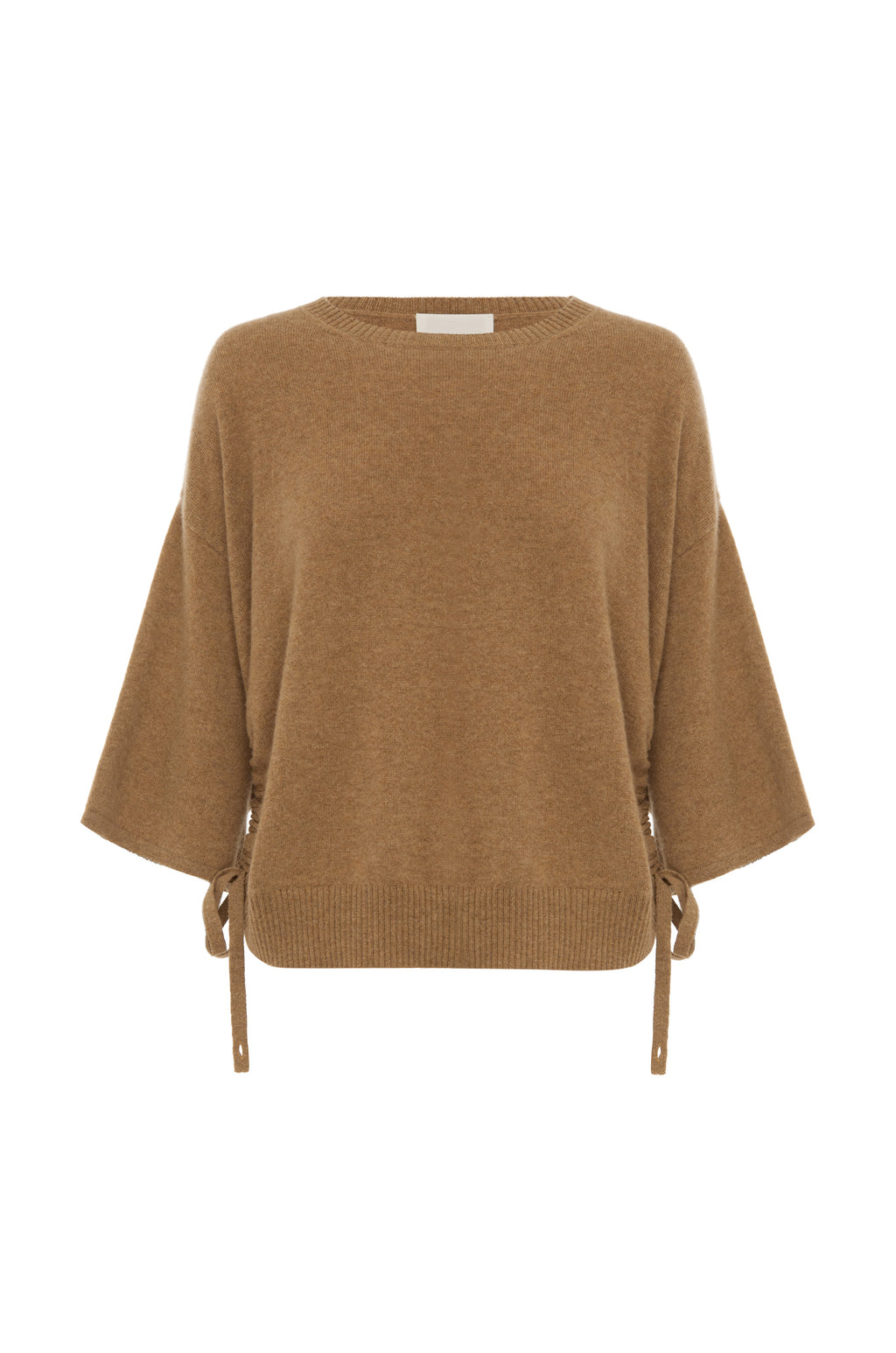 Close up biscuit cashmere knit texture Agnes drawstring tee luxury lightweight cashmere