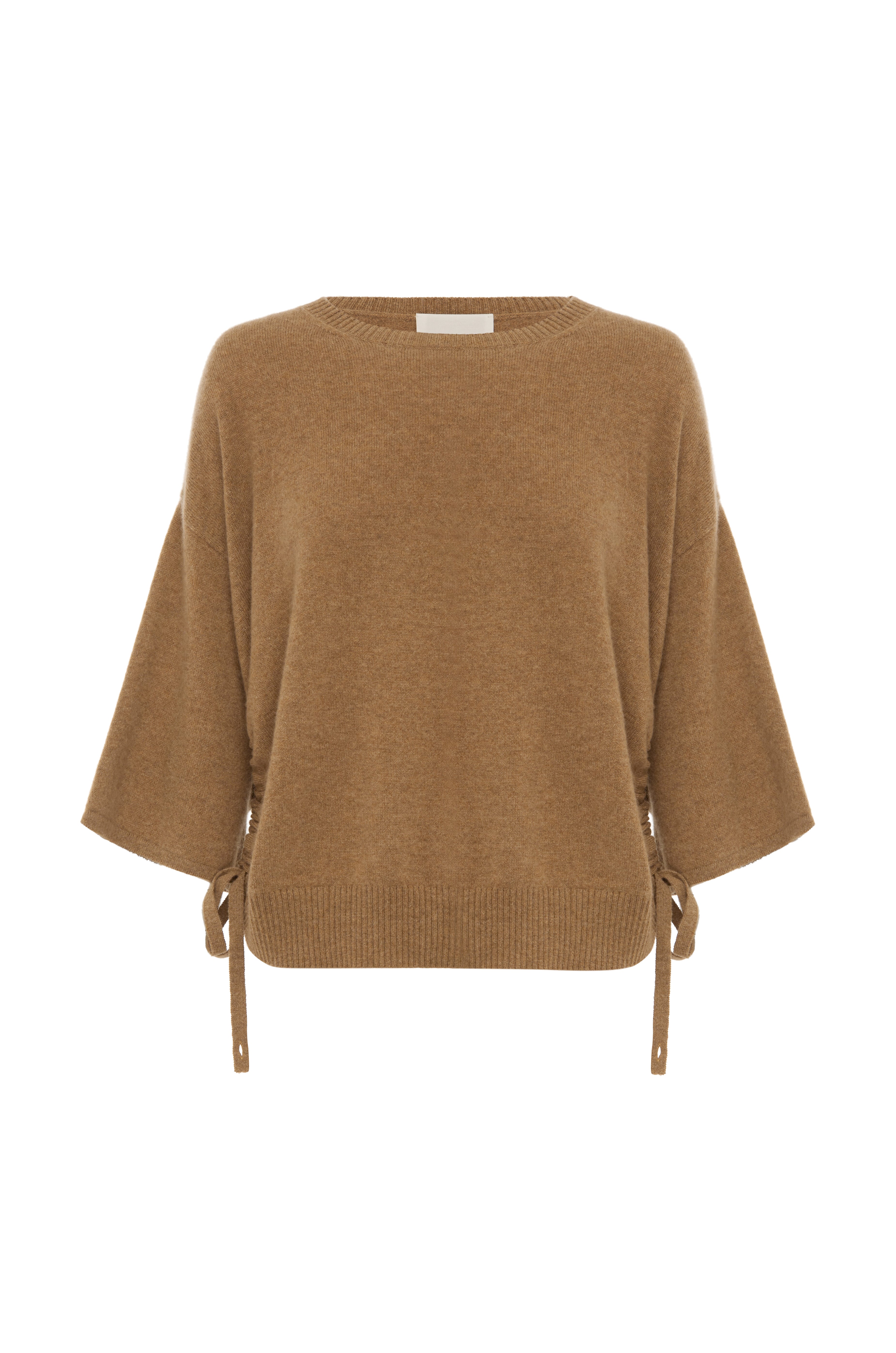Close up biscuit cashmere knit texture Agnes drawstring tee luxury lightweight cashmere