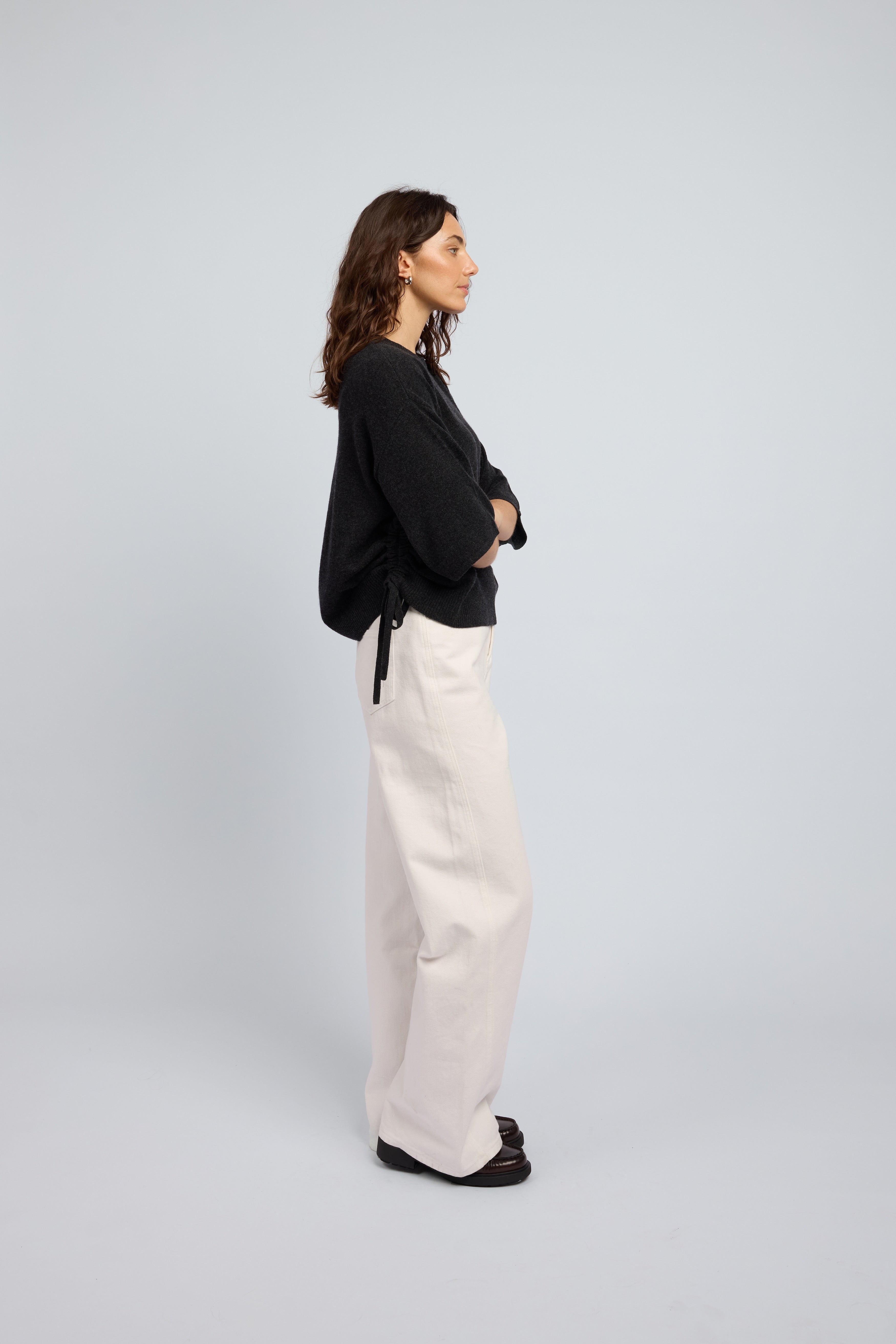 Back view charcoal cashmere drawstring top relaxed fit premium Huntly knit
