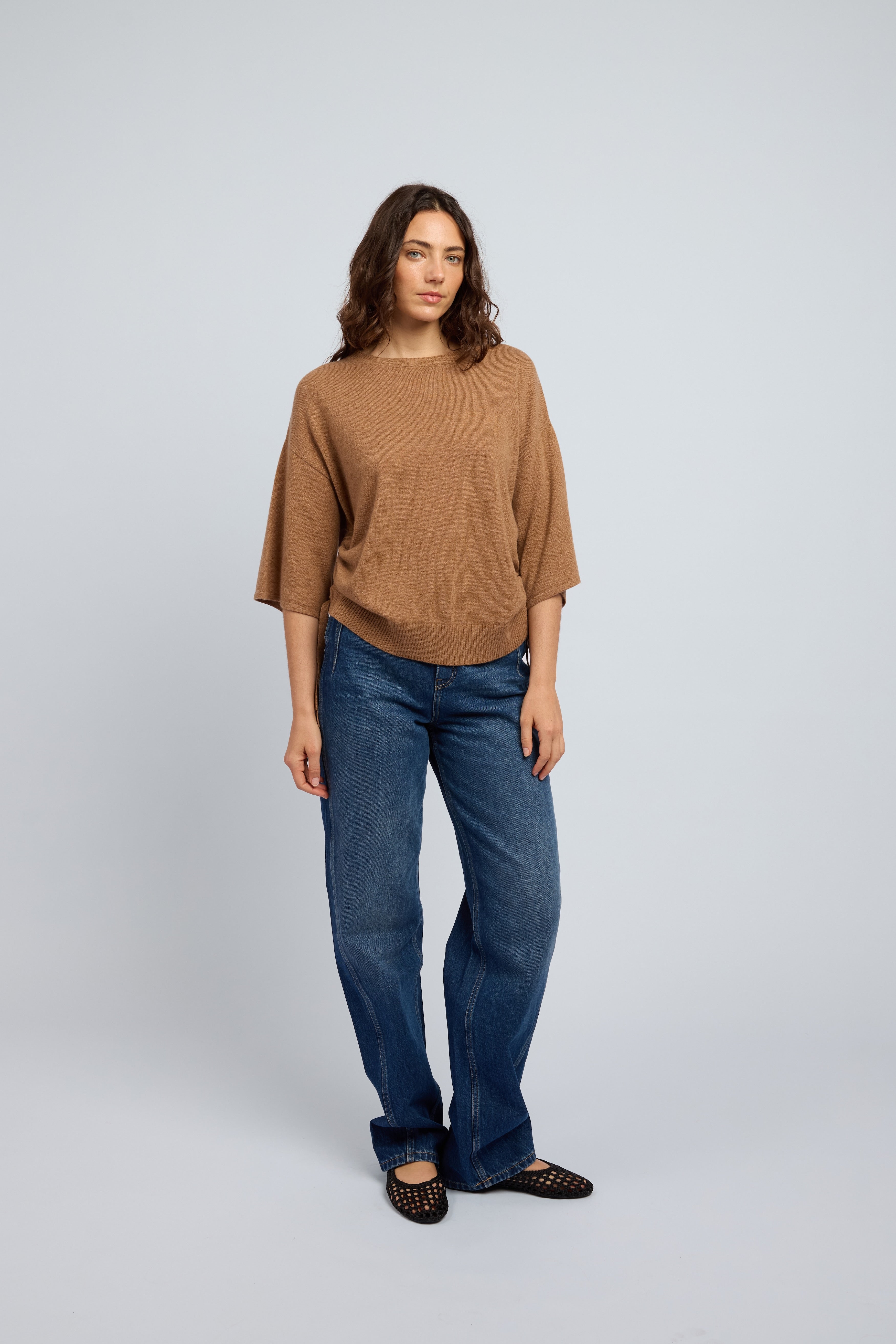 Agnes cashmere drawstring tee biscuit on model front view women’s luxury cashmere knit Australia