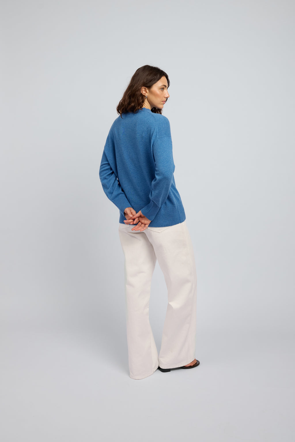 Front view capri blue pure cashmere sweater womens premium knit by Huntly