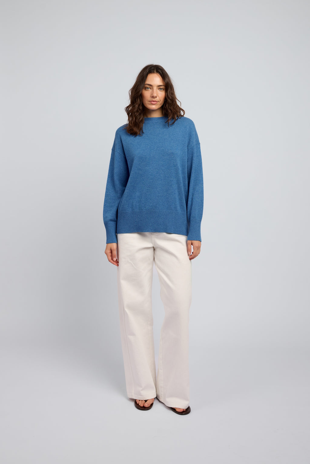Capri blue cashmere slouchy crew sweater for women by Huntly Australia