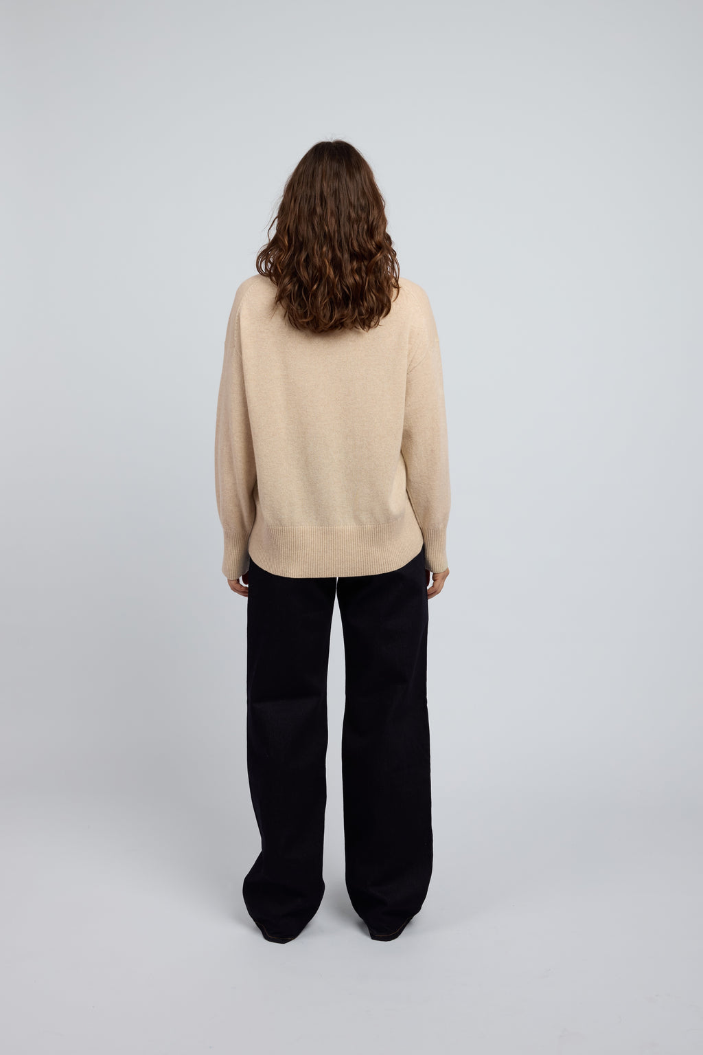 Back view champagne cashmere crew jumper for women in premium soft knit, modern relaxed fit cashmere sweater Australia