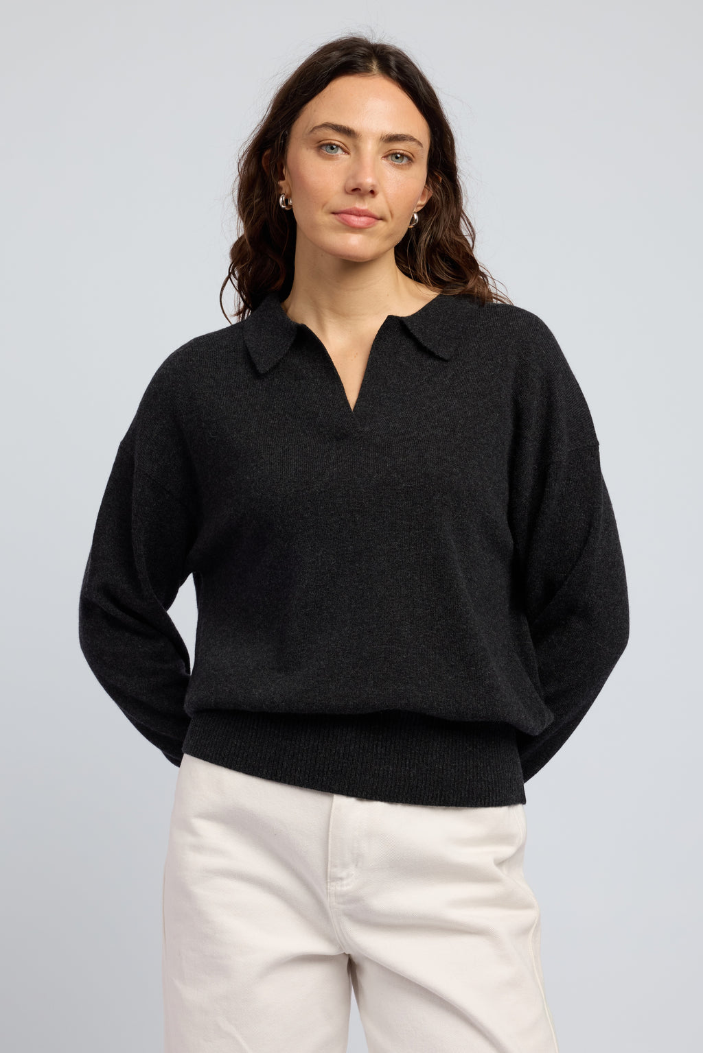Charcoal cashmere polo sweater for women relaxed fit knit by Huntly front view