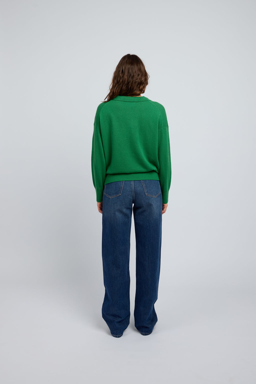 Back view emerald cashmere polo knit sweater womens soft premium cashmere jumper Huntly Australia
