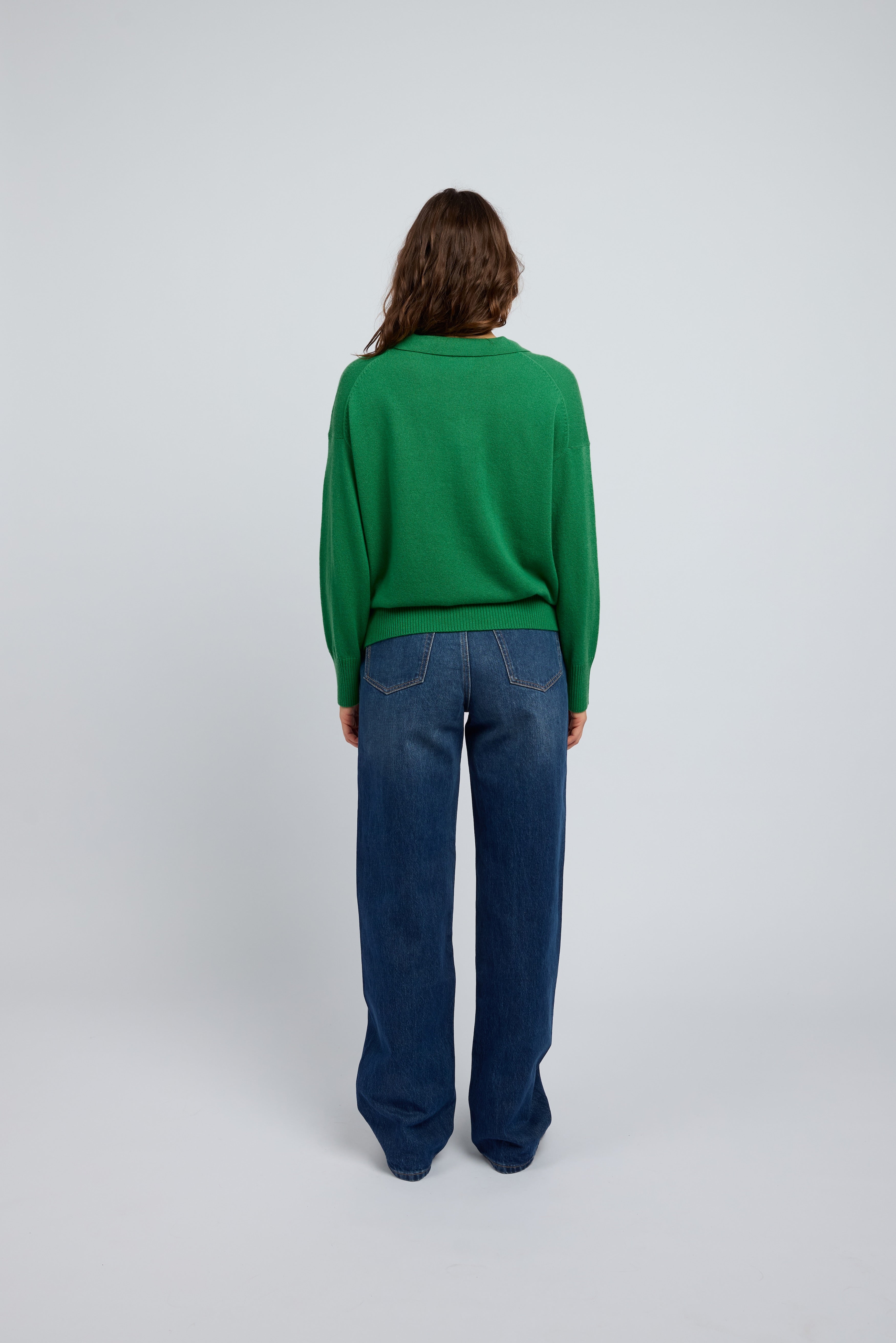 Back view emerald cashmere polo knit sweater womens soft premium cashmere jumper Huntly Australia