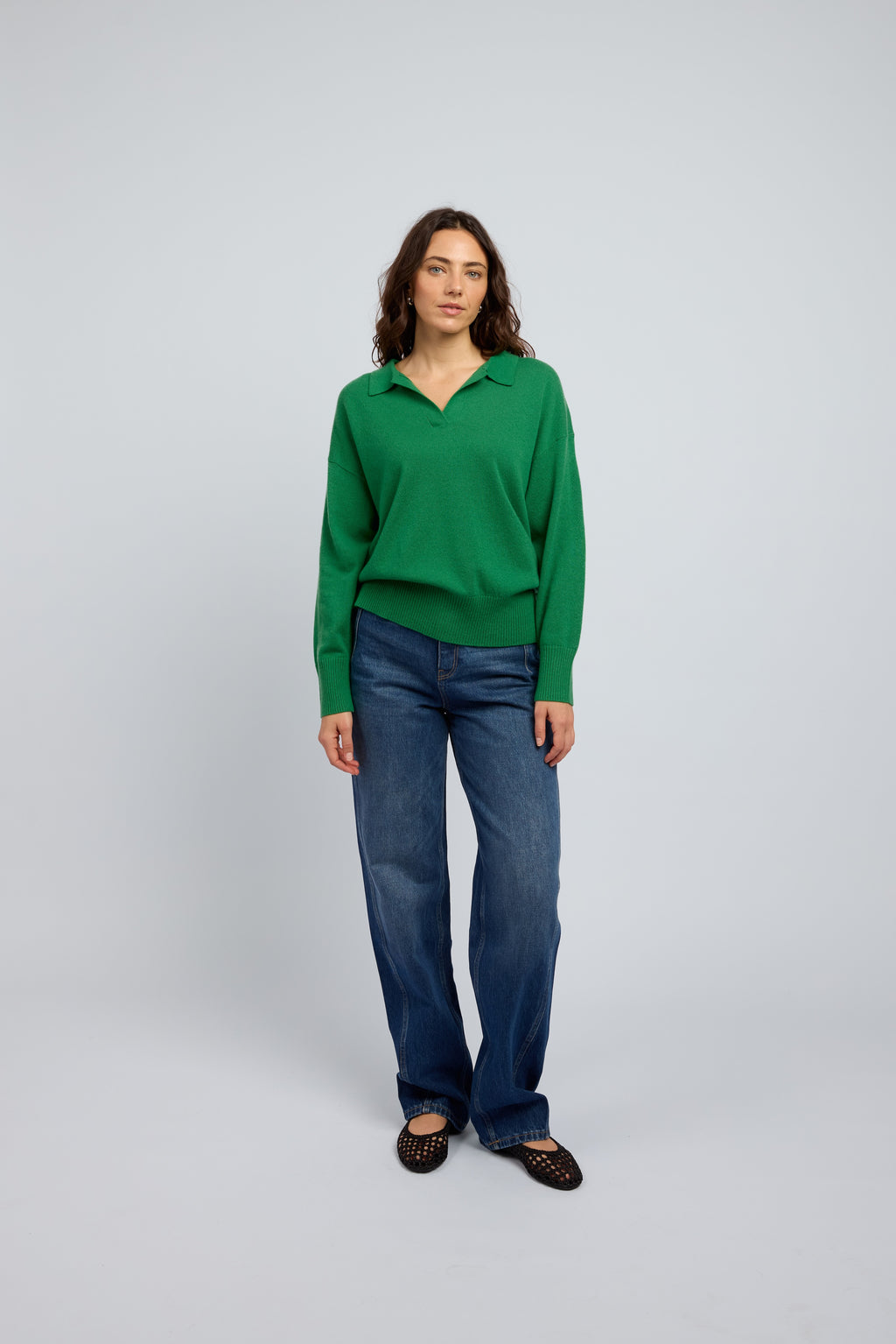 Emerald cashmere polo sweater for women by Huntly worn with blue jeans, premium lightweight knitwear Australia