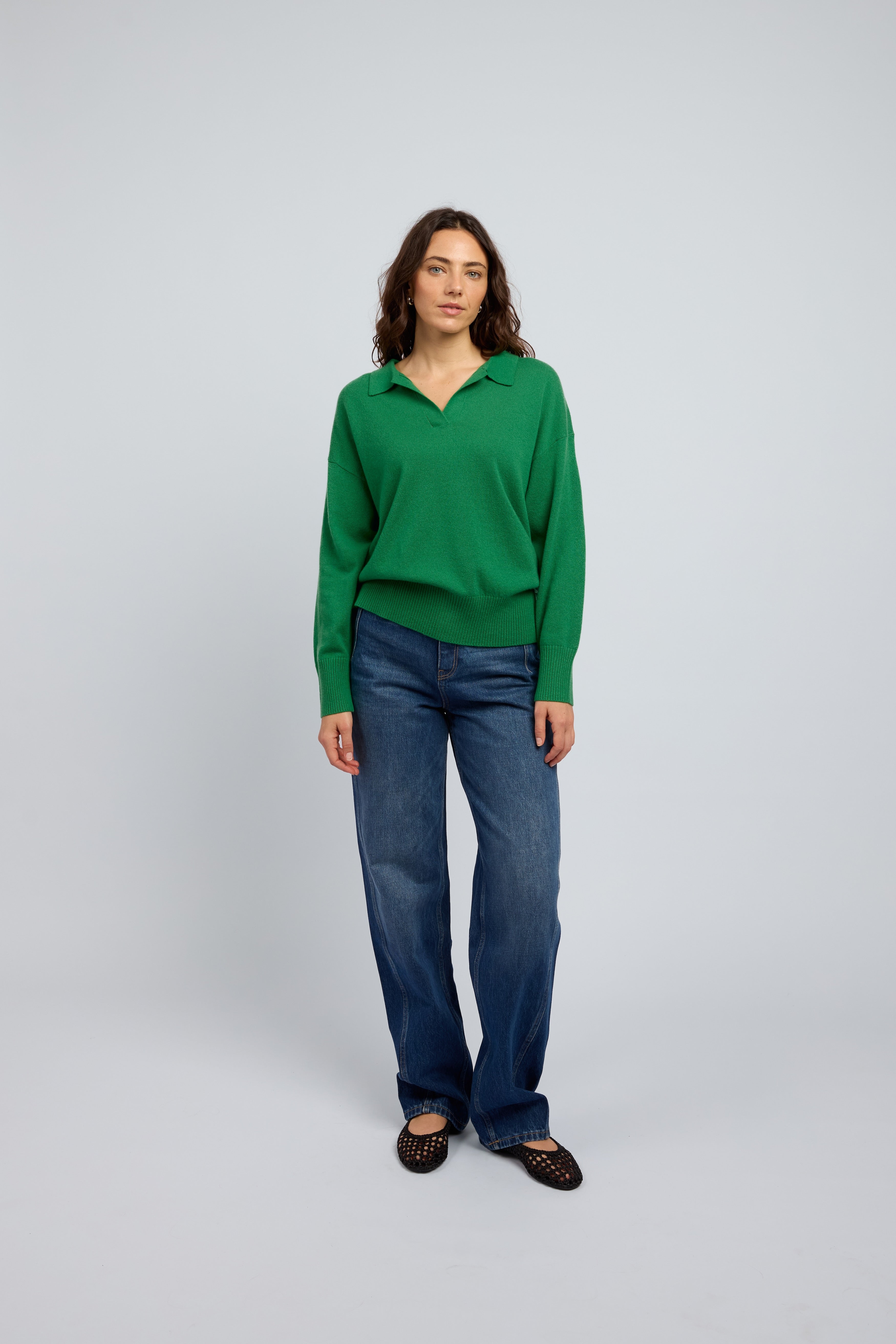 Emerald cashmere polo sweater for women by Huntly worn with blue jeans, premium lightweight knitwear Australia