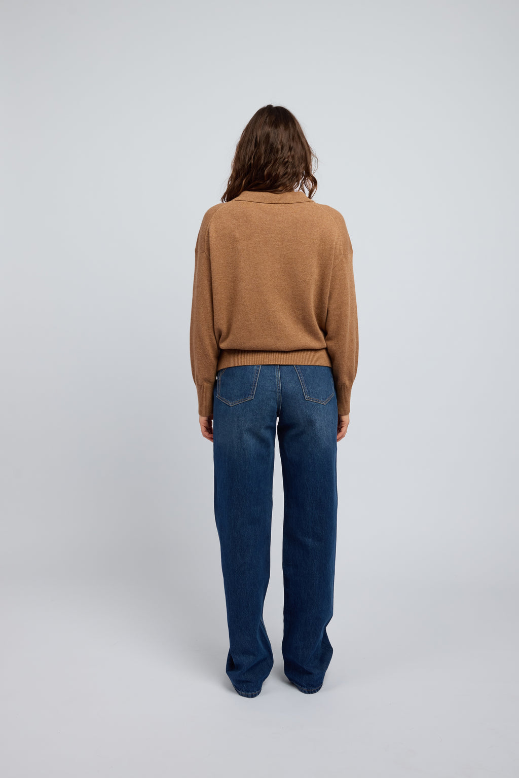 Back view biscuit cashmere polo knit sweater womens premium soft cashmere jumper Huntly Australia