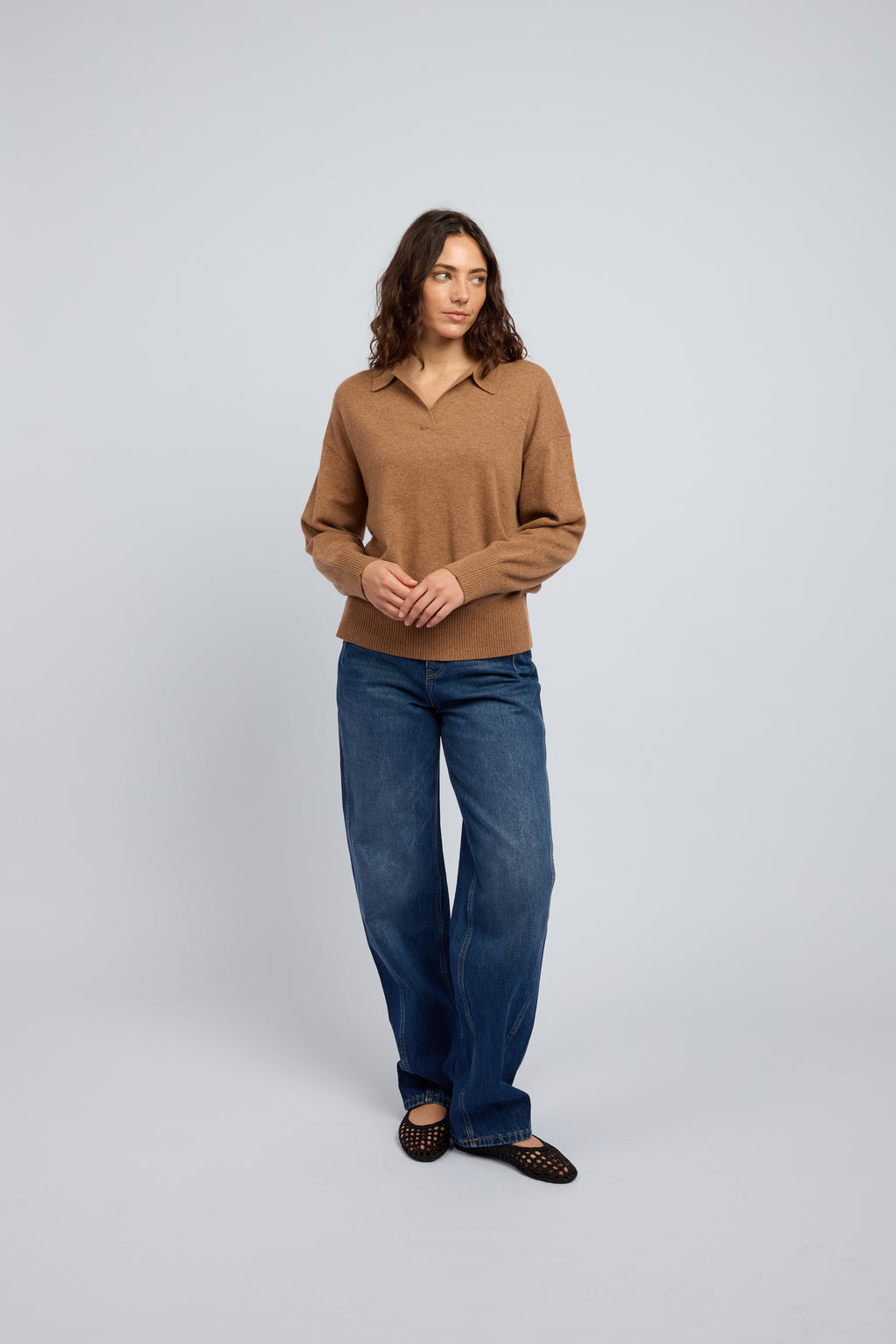 Biscuit cashmere polo sweater for women by Huntly worn with blue jeans, luxury lightweight knitwear Australia