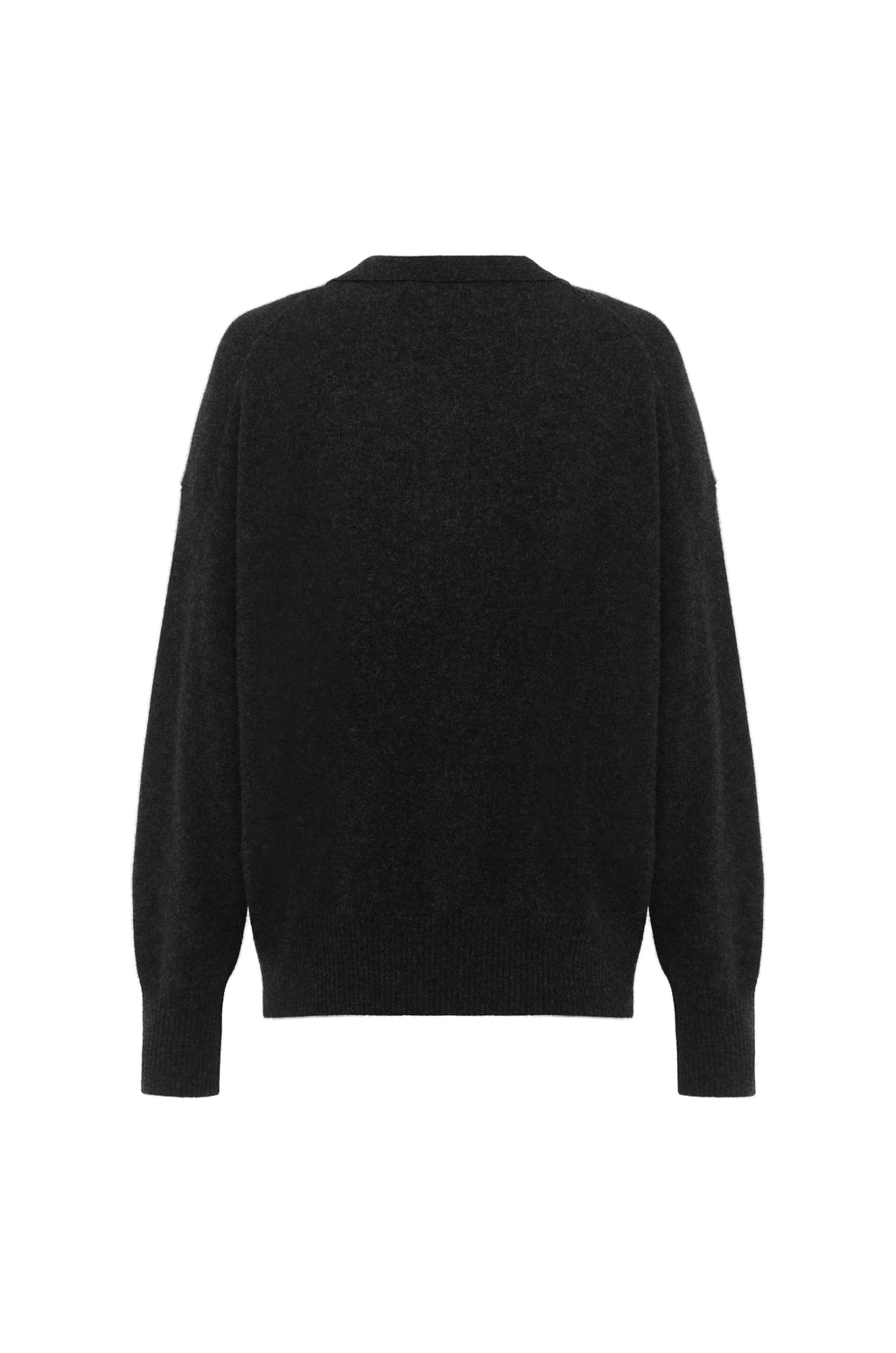 Back view charcoal pure cashmere polo sweater long sleeve minimalist knitwear