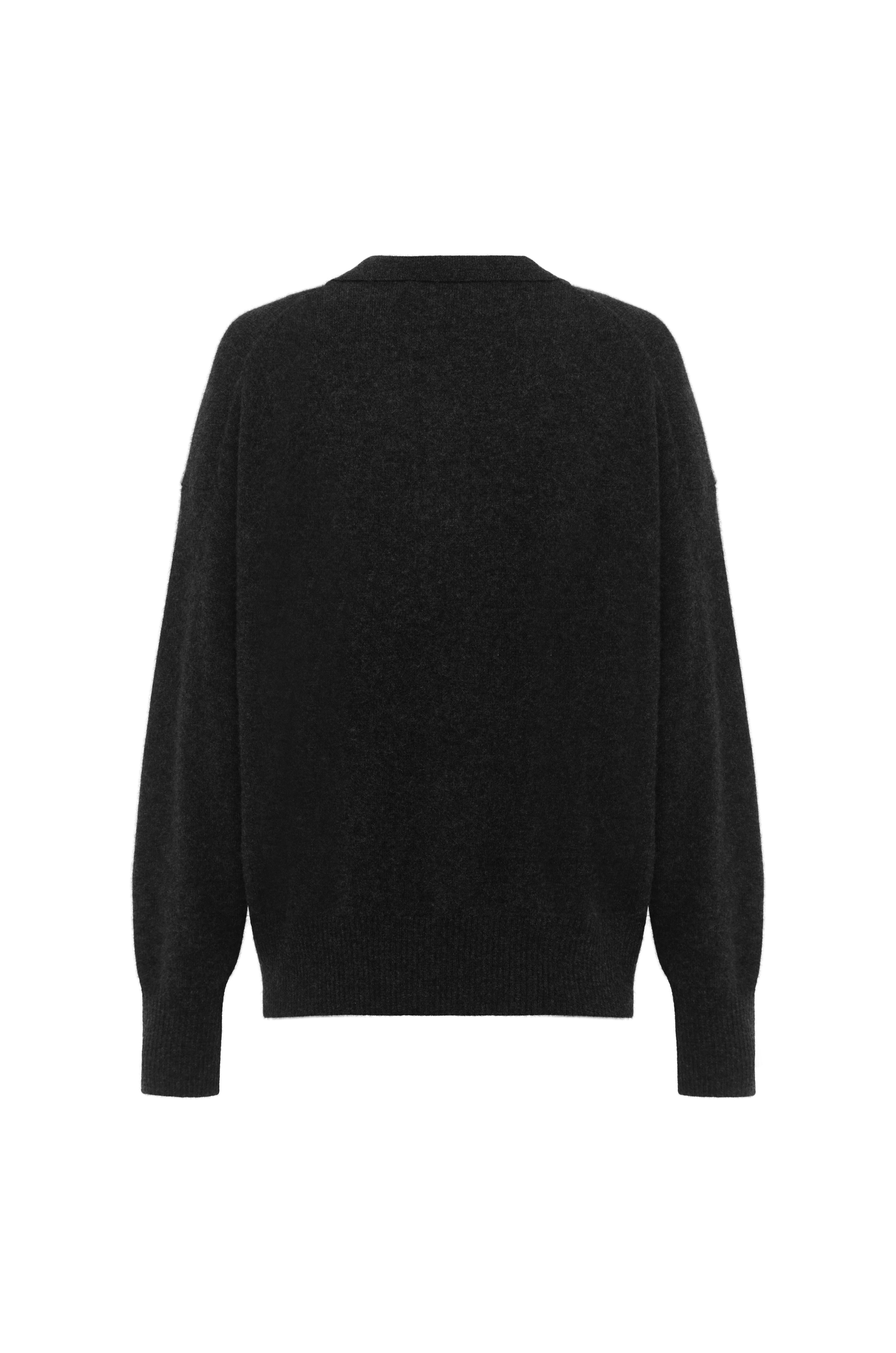 Back view charcoal pure cashmere polo sweater long sleeve minimalist knitwear