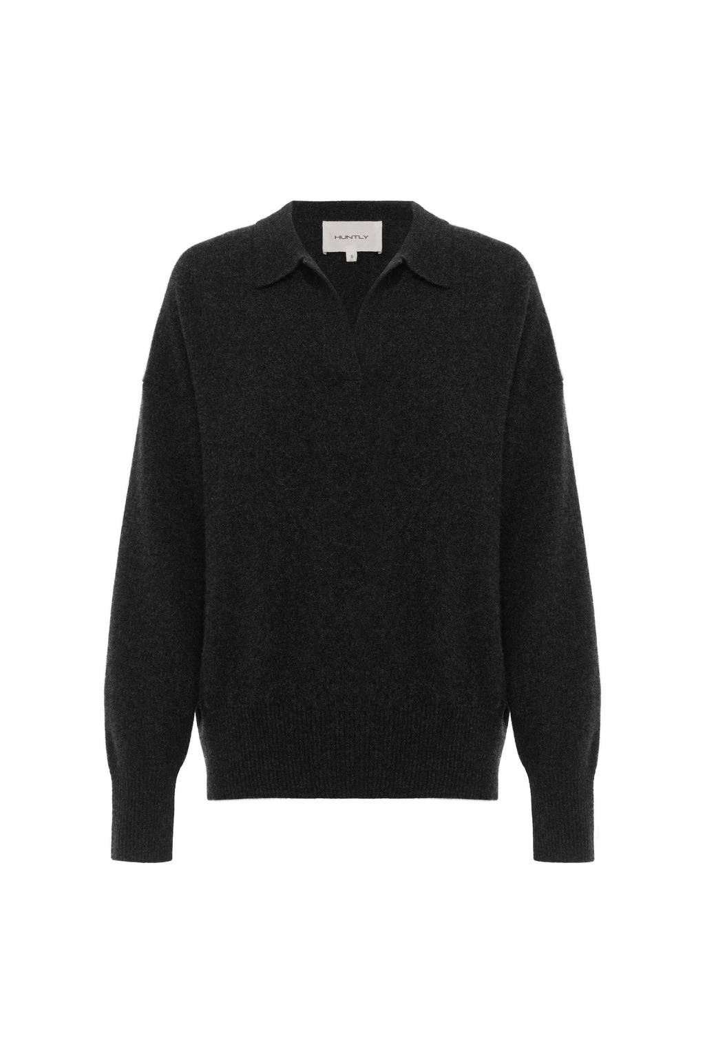 Front view charcoal pure cashmere polo sweater long sleeve minimalist knitwear