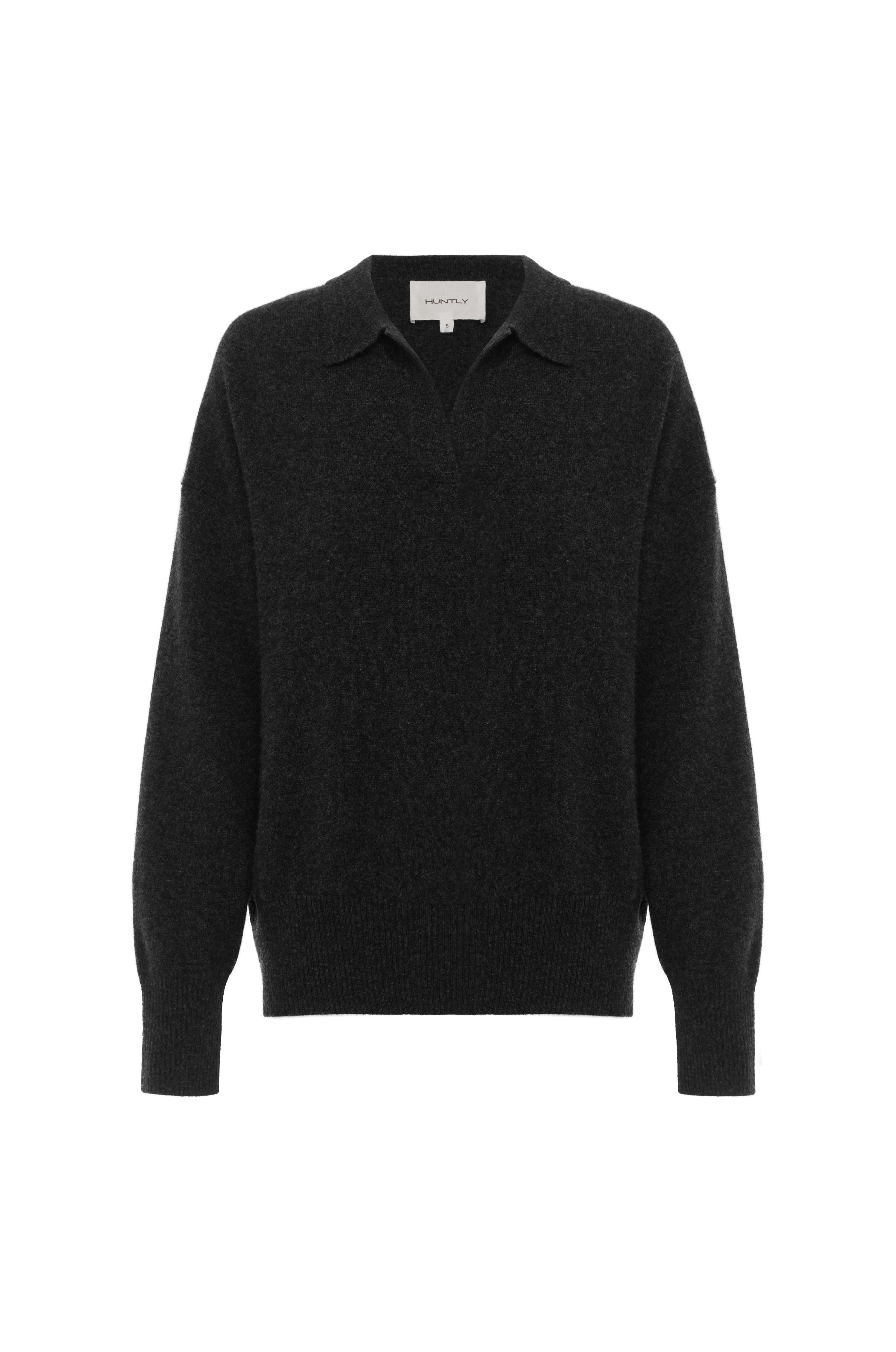 Front view charcoal pure cashmere polo sweater long sleeve minimalist knitwear